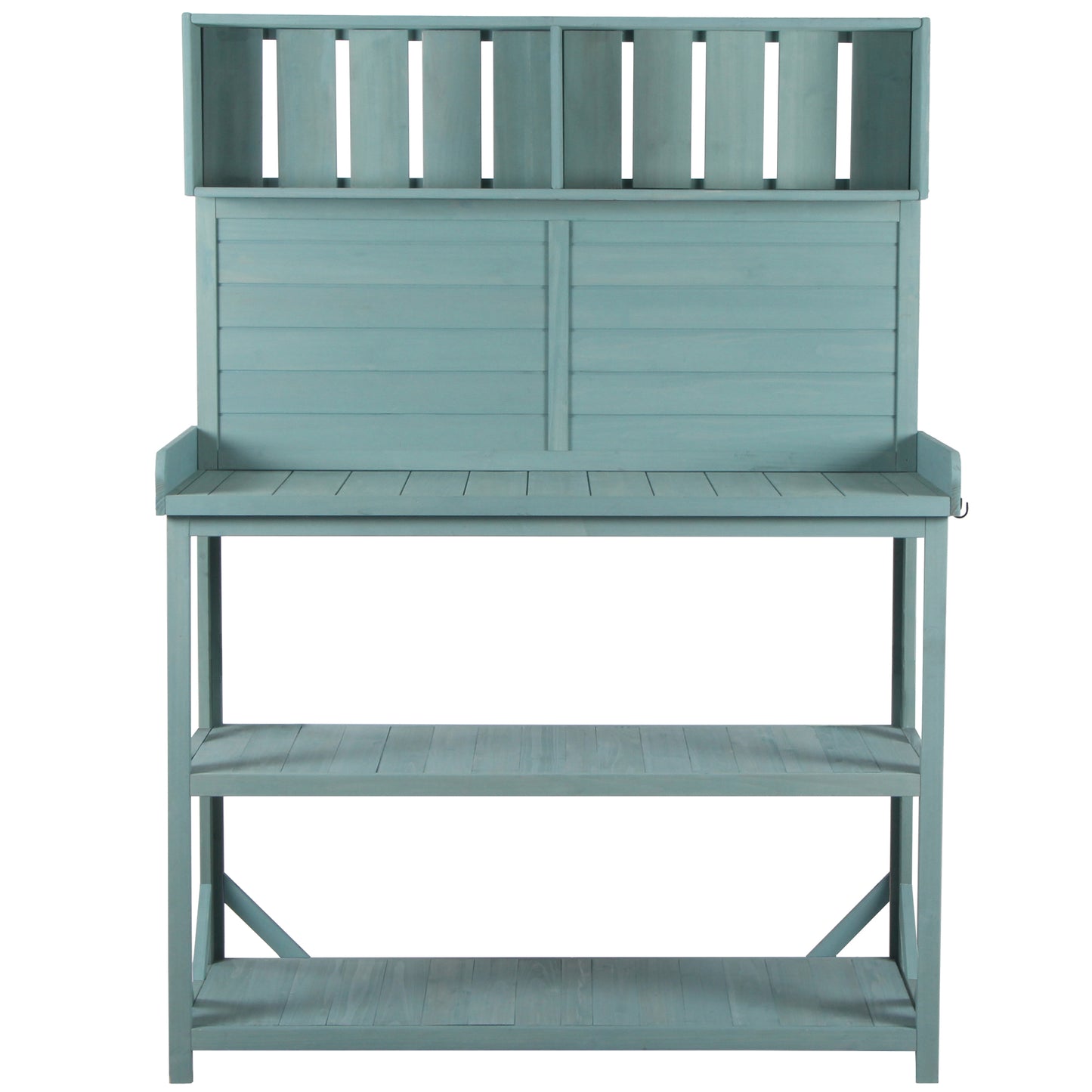 Large Wooden Rustic Outdoor Potting Bench Table with Shelves and Side Hooks for Garden Workstation - 65 Green Patio Table