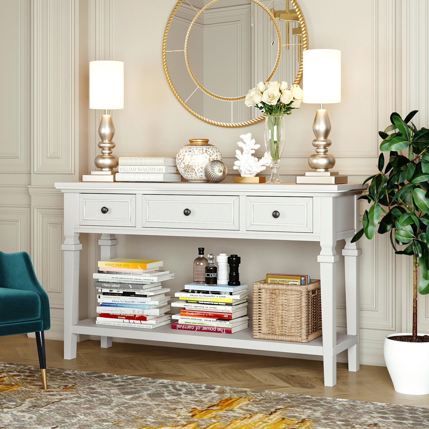 Classic Retro Console Table with 3 Drawers & Open Bottom Shelf, Antique White - Easy Assembly