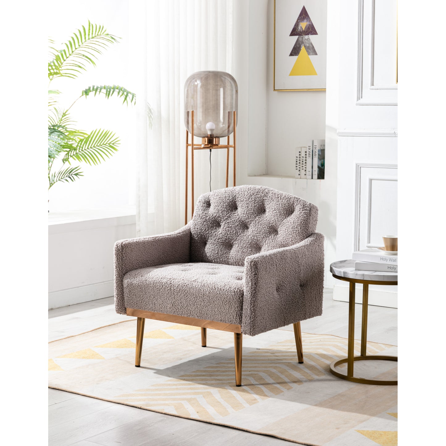 Modern Accent Chair with Arms, Tufted Decorative Fabric Upholstered Armchair with Gold Metal Legs, Stylish Reading Chair (Grey Teddy)