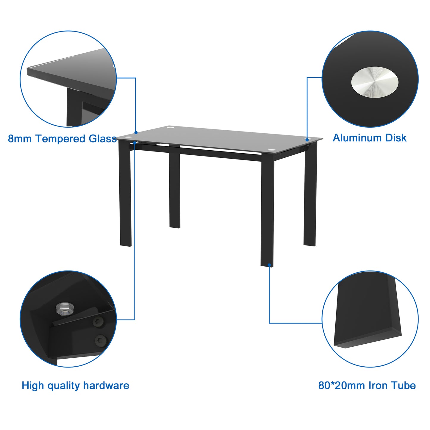 Modern Tempered Glass Dining Table with Rectangular Metal Legs - Stylish Table for Living Room & Kitchen, Black Finish