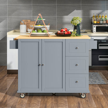 Rolling Mobile Kitchen Island with Solid Wood Top, 52.7 Width, Locking Wheels, Storage Cabinet, Drop Leaf Breakfast Bar - Grey Blue