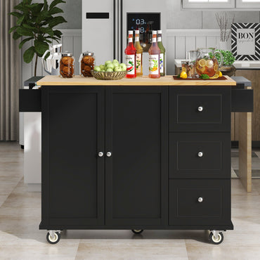 Rolling Mobile Kitchen Island with Solid Wood Top, 52.7 Width, Locking Wheels, Storage Cabinet, Drop Leaf Breakfast Bar, Spice Rack - Black