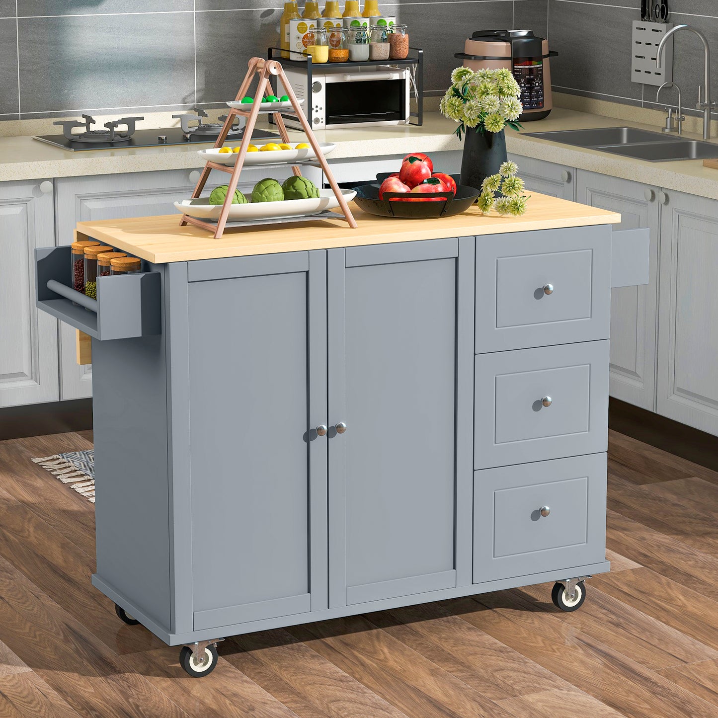 Rolling Mobile Kitchen Island with Solid Wood Top, 52.7 Width, Locking Wheels, Storage Cabinet, Drop Leaf Breakfast Bar - Grey Blue