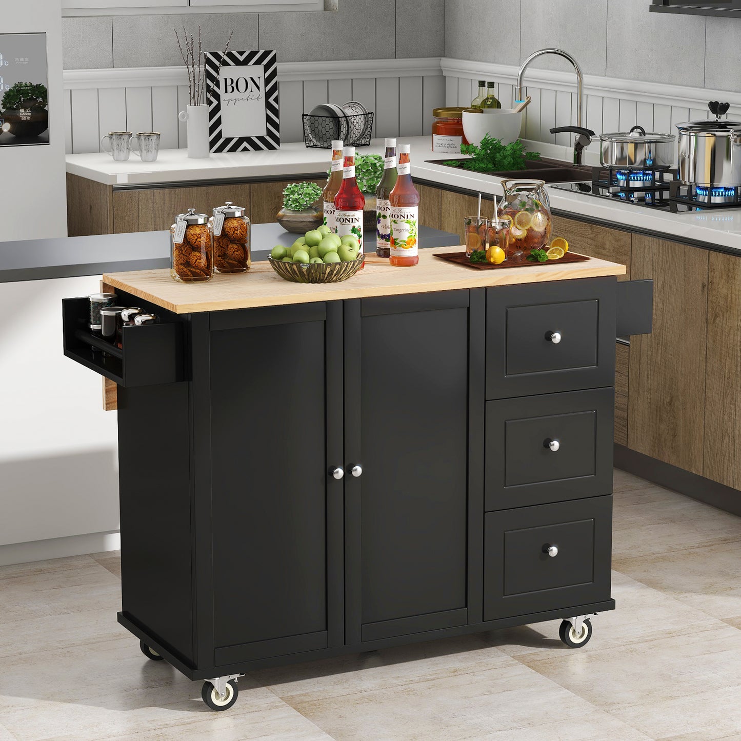 Rolling Mobile Kitchen Island with Solid Wood Top, 52.7 Width, Locking Wheels, Storage Cabinet, Drop Leaf Breakfast Bar, Spice Rack - Black