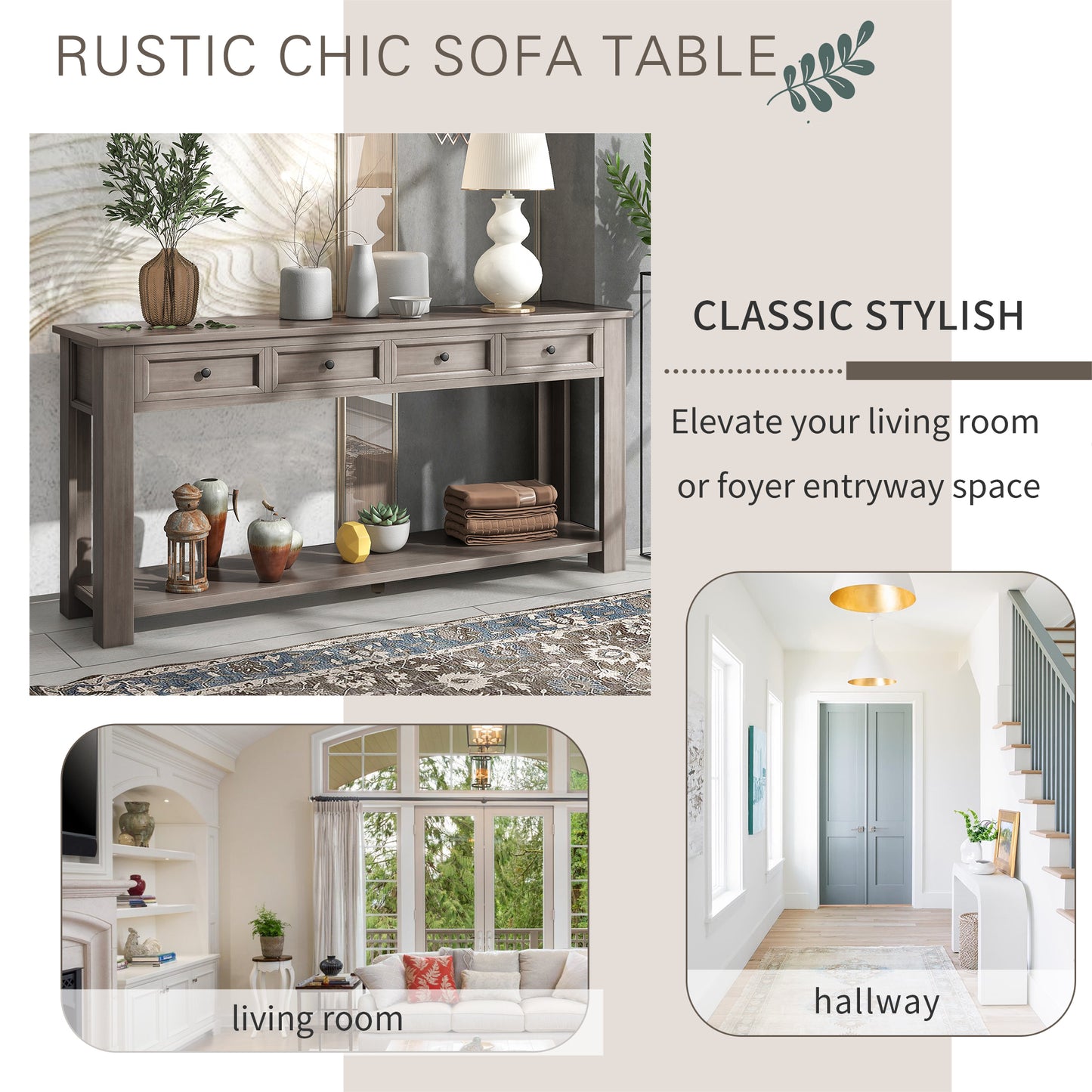 Console Table with Storage Drawers and Bottom Shelf for Entryway or Hallway - Gray Wash Finish