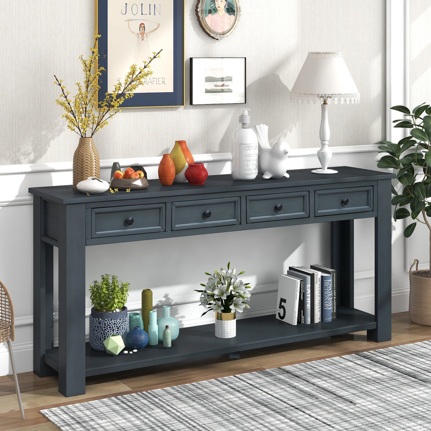 Stylish Console Table with Storage Drawers and Bottom Shelf for Entryway Hallway, Navy Finish