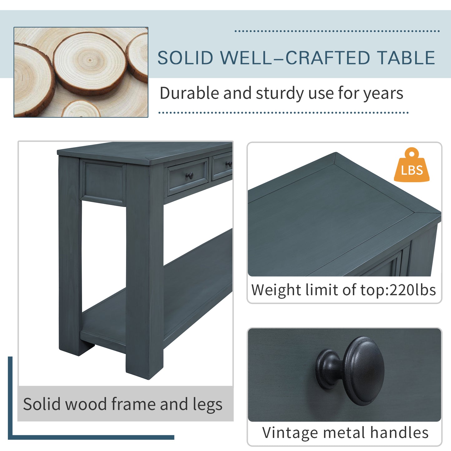 Stylish Console Table with Storage Drawers and Bottom Shelf for Entryway Hallway, Navy Finish