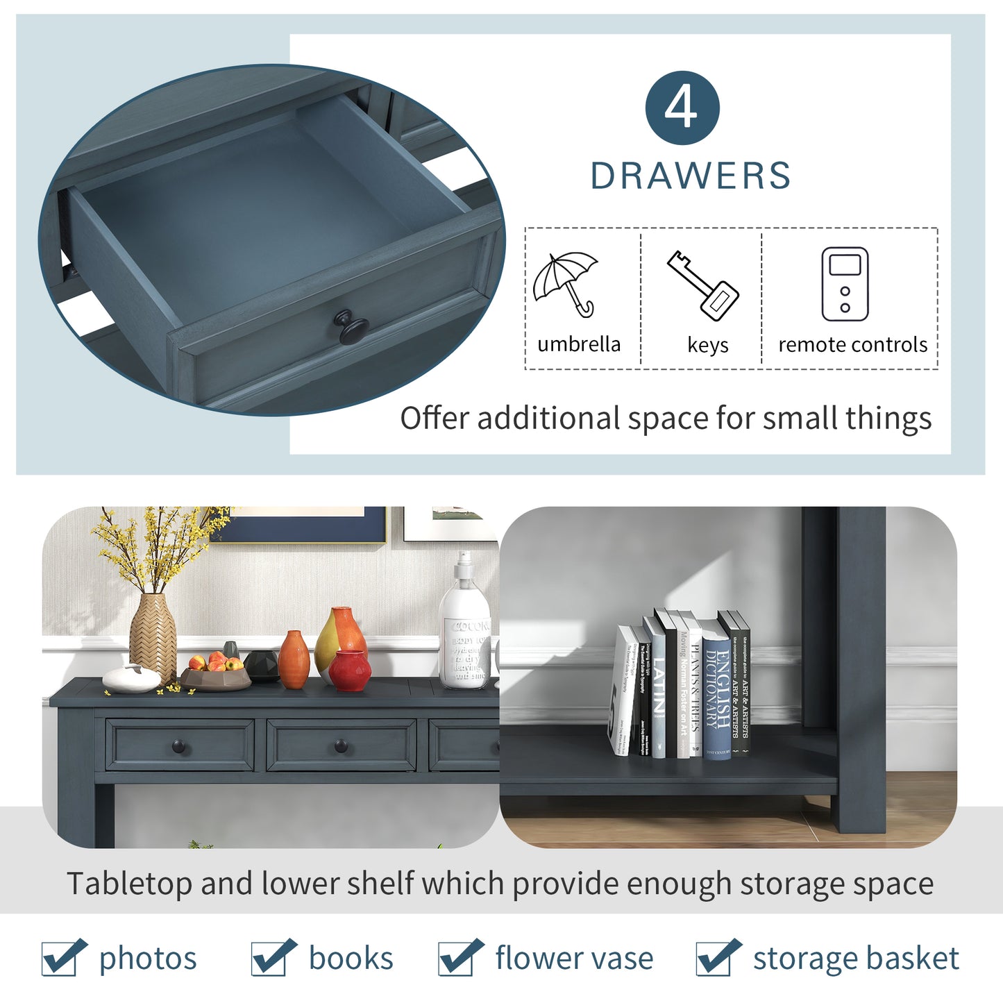 Stylish Console Table with Storage Drawers and Bottom Shelf for Entryway Hallway, Navy Finish