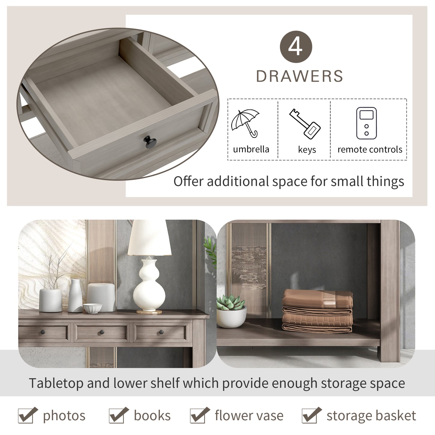 Console Table with Storage Drawers and Bottom Shelf for Entryway or Hallway - Gray Wash Finish