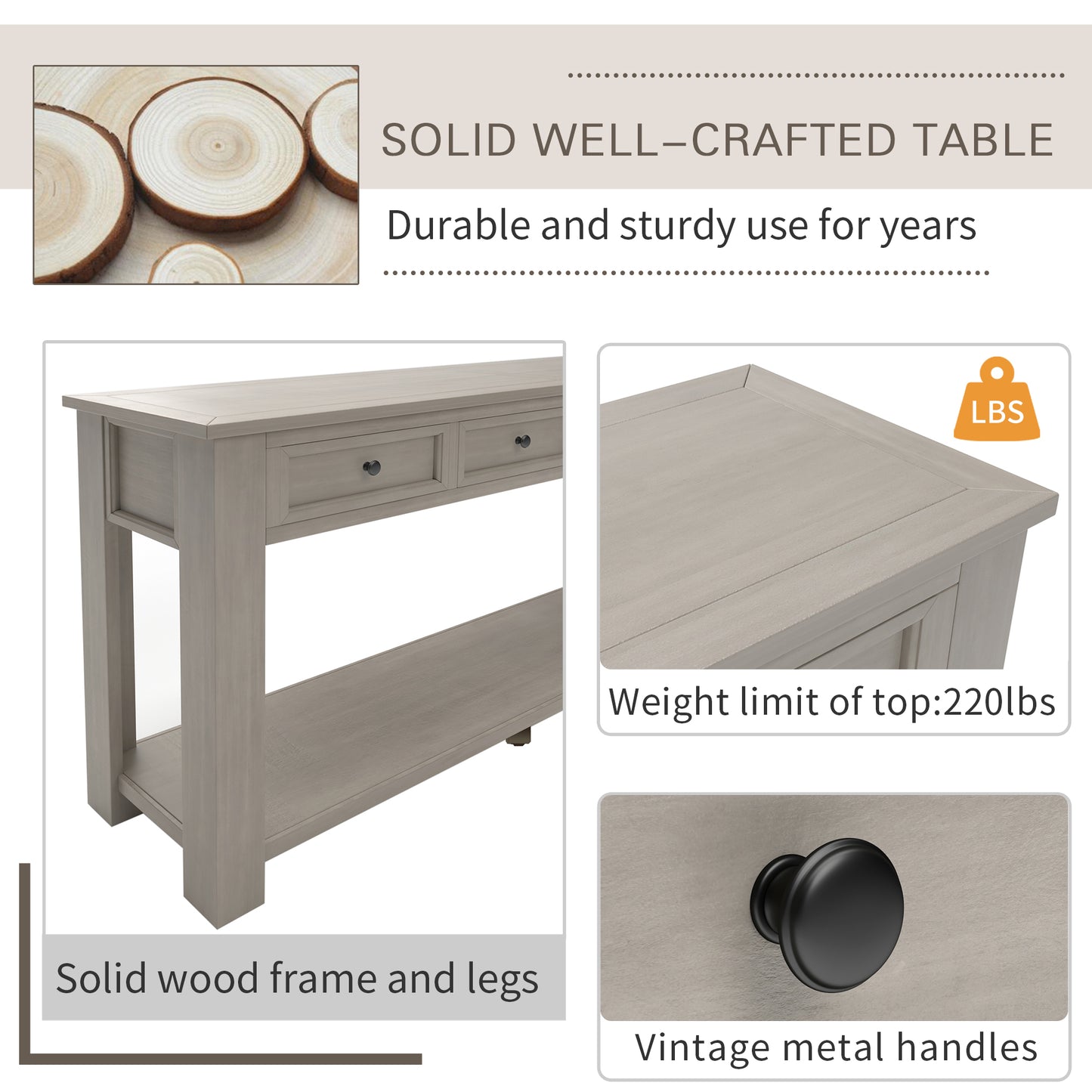Console Table with Storage Drawers and Bottom Shelf for Entryway or Hallway - Gray Wash Finish