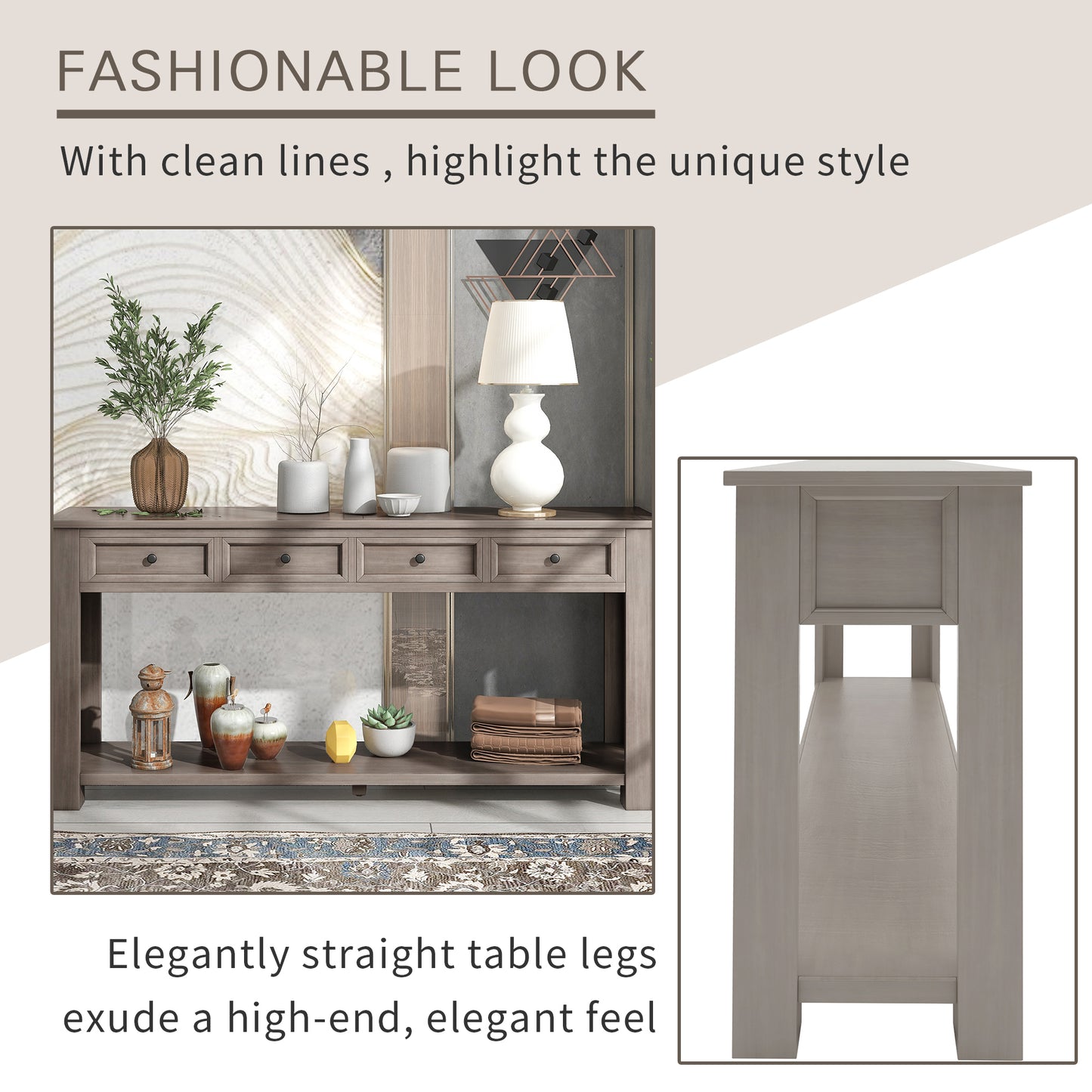 Console Table with Storage Drawers and Bottom Shelf for Entryway or Hallway - Gray Wash Finish
