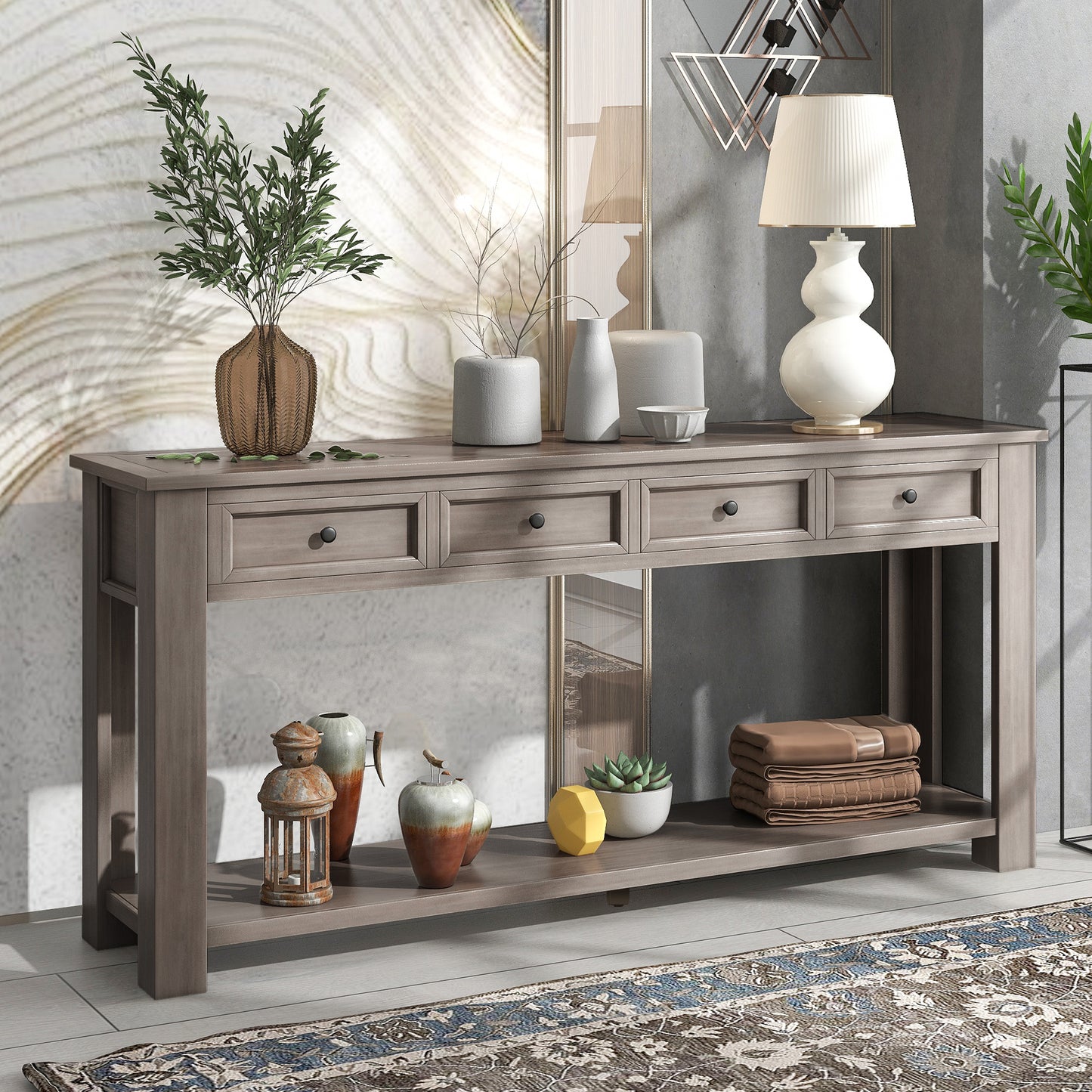 Console Table with Storage Drawers and Bottom Shelf for Entryway or Hallway - Gray Wash Finish