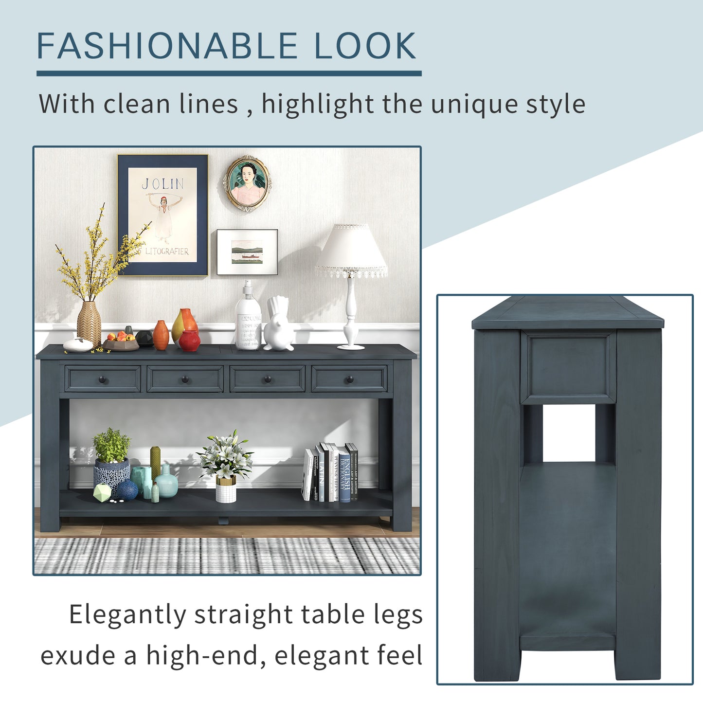 Stylish Console Table with Storage Drawers and Bottom Shelf for Entryway Hallway, Navy Finish