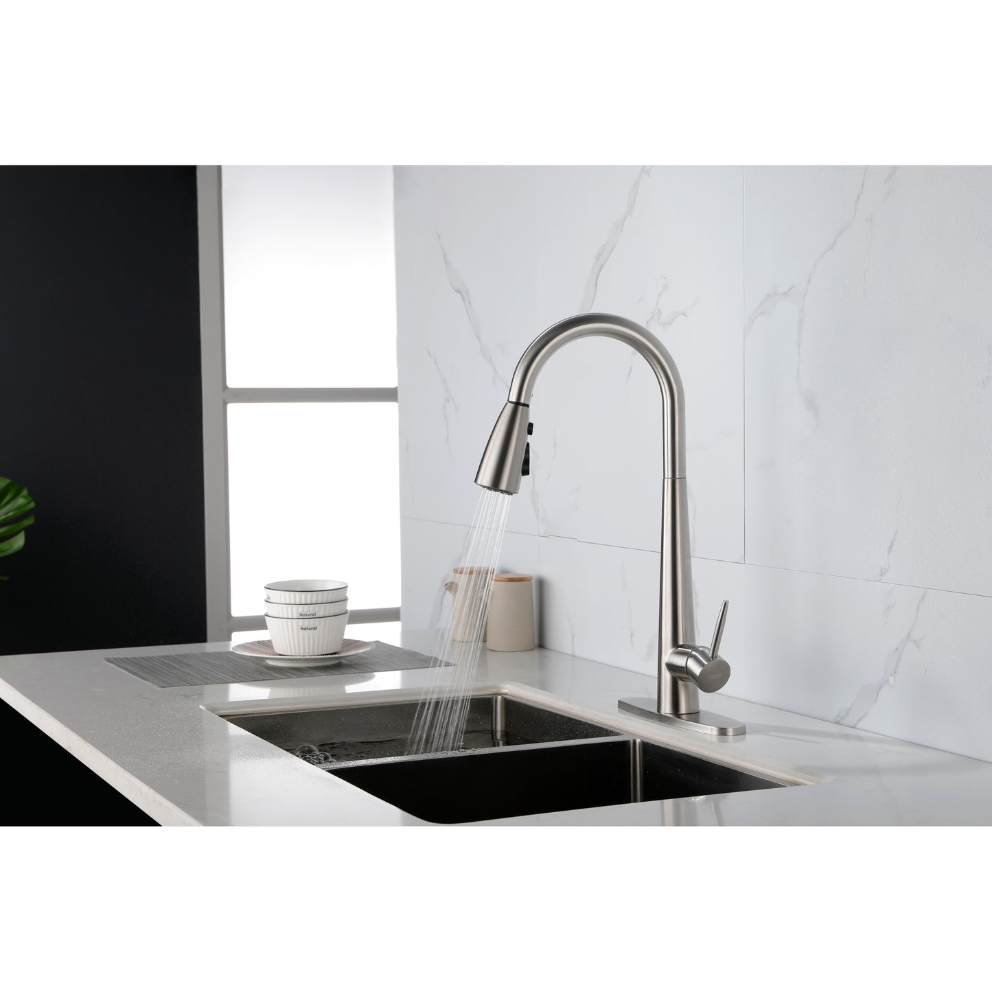 Brushed Nickel Pull Down Kitchen Faucet, High Arc Single Handle with Deck Plate, Modern Stainless Steel Sink Faucet