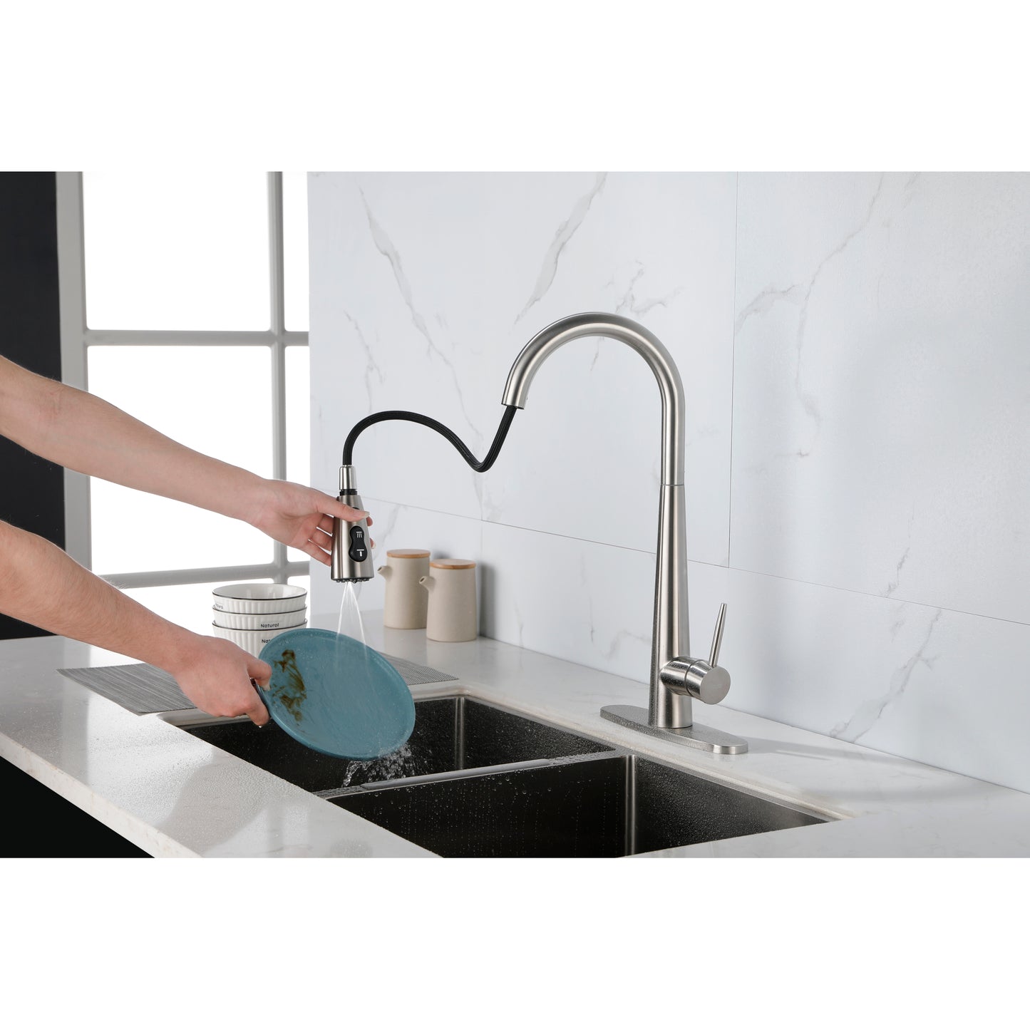 Brushed Nickel Pull Down Kitchen Faucet, High Arc Single Handle with Deck Plate, Modern Stainless Steel Sink Faucet