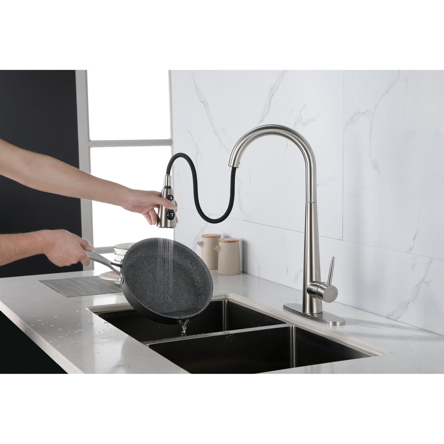 Brushed Nickel Pull Down Kitchen Faucet, High Arc Single Handle with Deck Plate, Modern Stainless Steel Sink Faucet