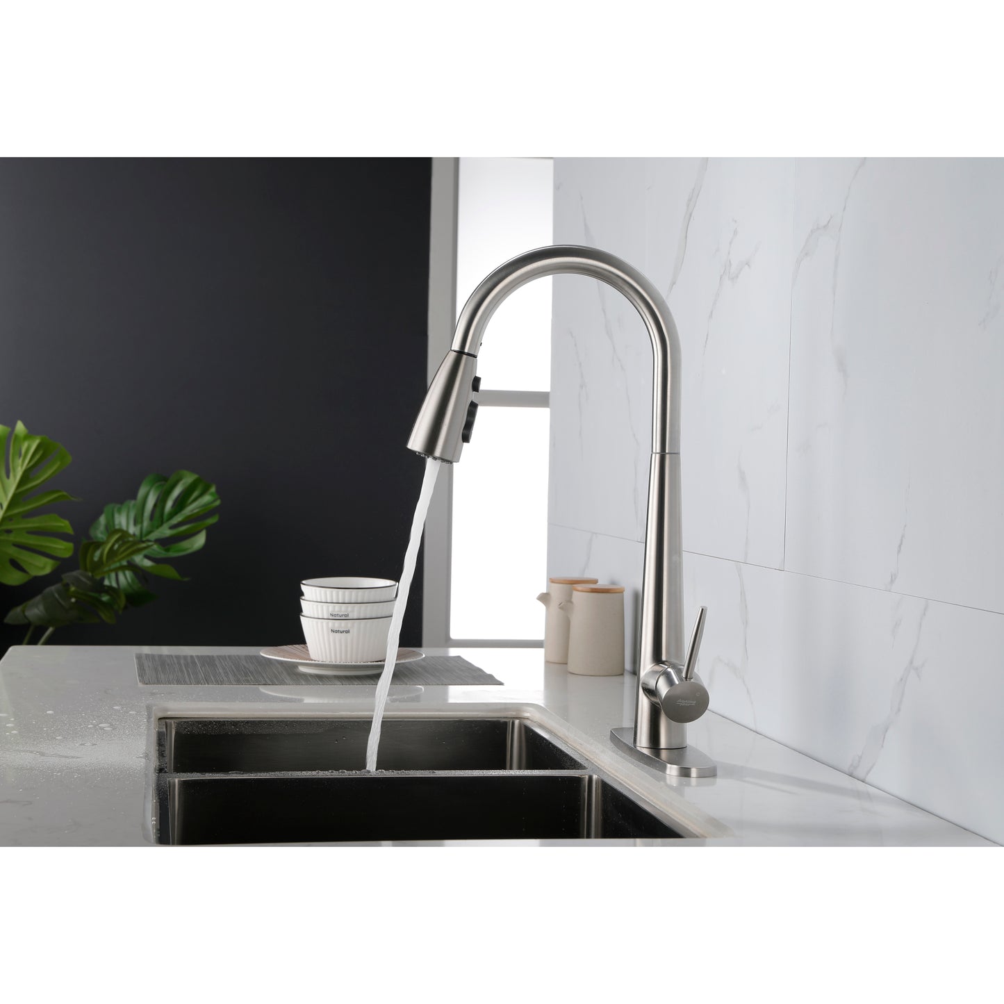 Brushed Nickel Pull Down Kitchen Faucet, High Arc Single Handle with Deck Plate, Modern Stainless Steel Sink Faucet