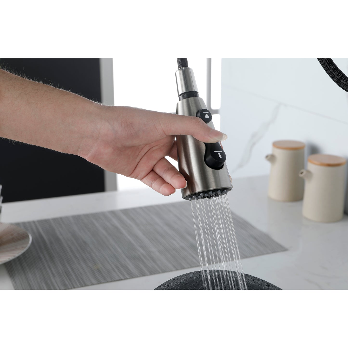 Brushed Nickel Pull Down Kitchen Faucet, High Arc Single Handle with Deck Plate, Modern Stainless Steel Sink Faucet