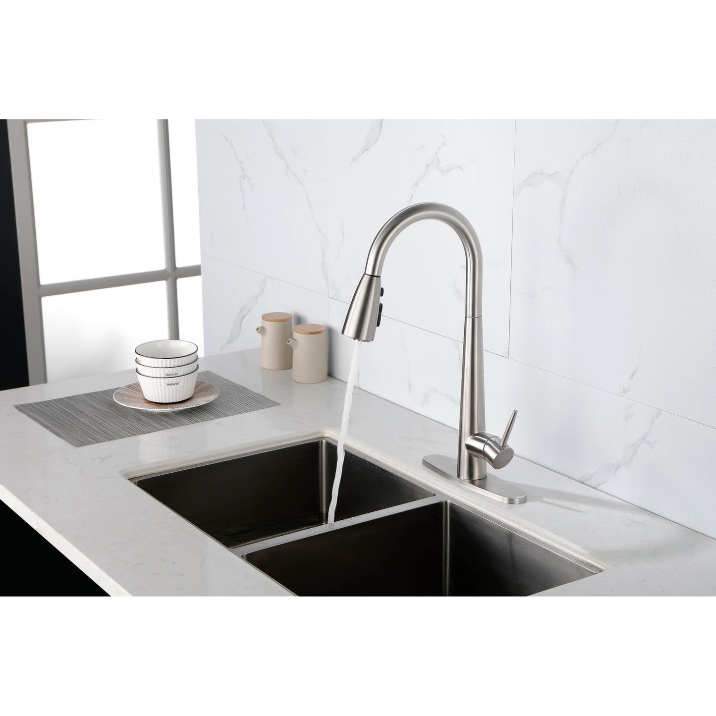 Brushed Nickel Pull Down Kitchen Faucet, High Arc Single Handle with Deck Plate, Modern Stainless Steel Sink Faucet