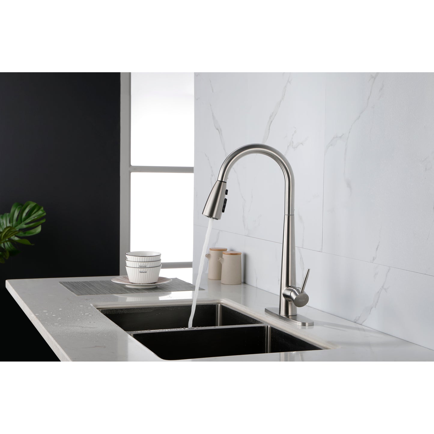 Brushed Nickel Pull Down Kitchen Faucet, High Arc Single Handle with Deck Plate, Modern Stainless Steel Sink Faucet