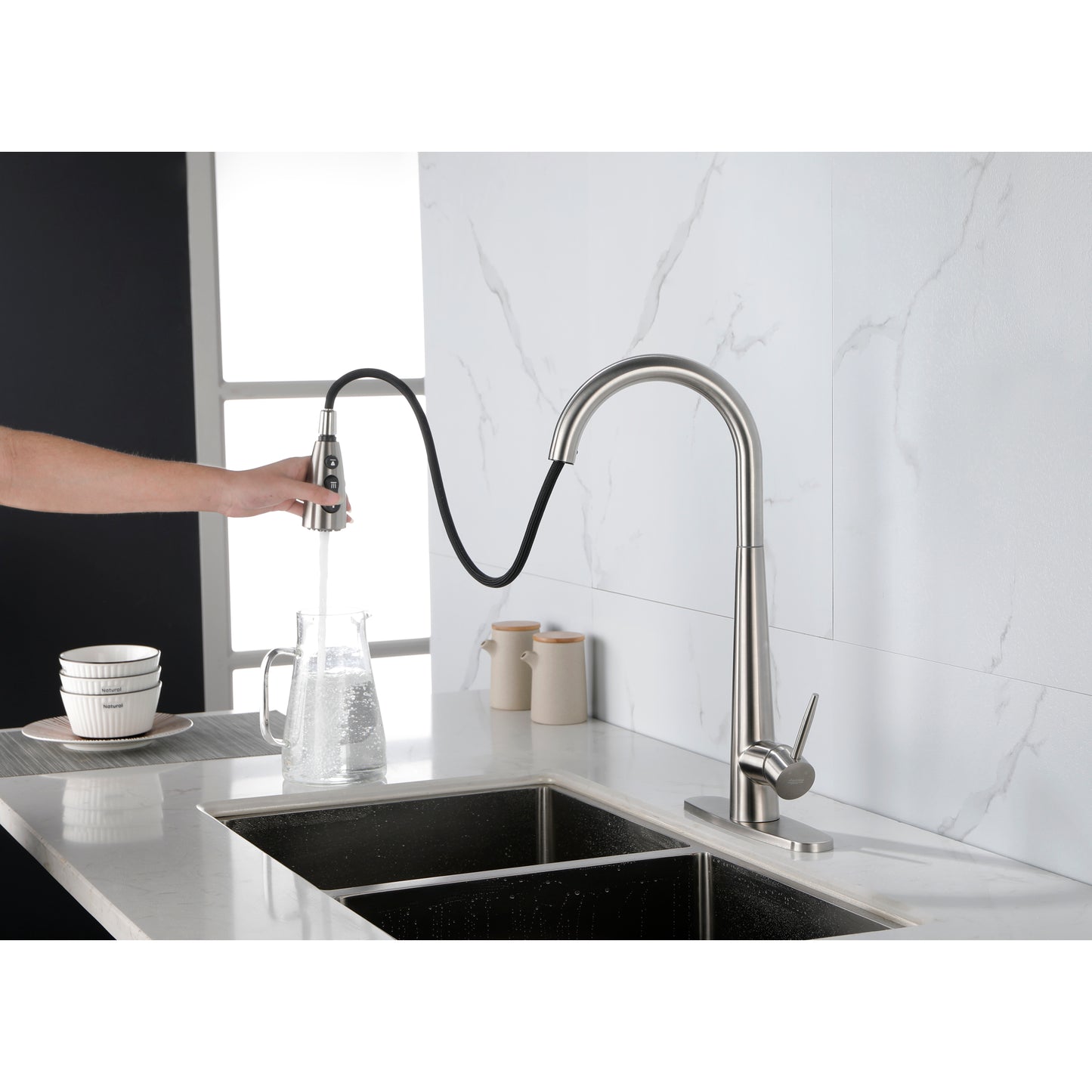 Brushed Nickel Pull Down Kitchen Faucet, High Arc Single Handle with Deck Plate, Modern Stainless Steel Sink Faucet