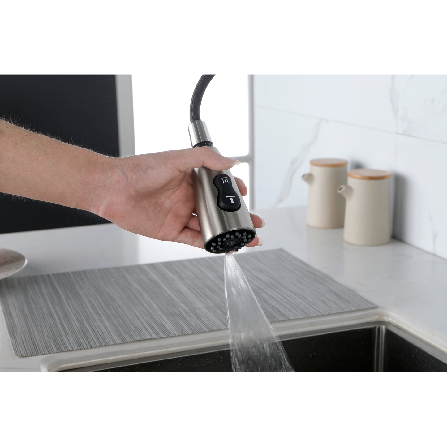 Brushed Nickel Pull Down Kitchen Faucet, High Arc Single Handle with Deck Plate, Modern Stainless Steel Sink Faucet