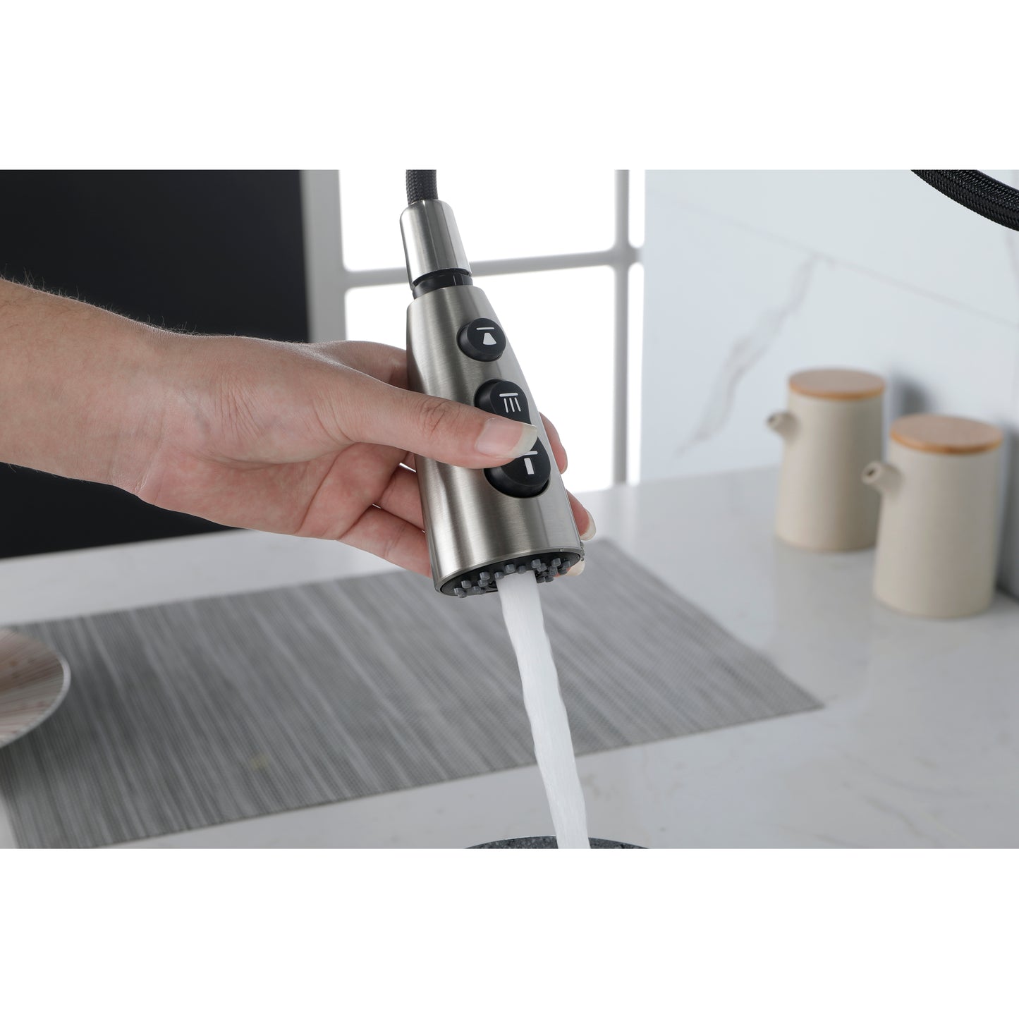 Brushed Nickel Pull Down Kitchen Faucet, High Arc Single Handle with Deck Plate, Modern Stainless Steel Sink Faucet
