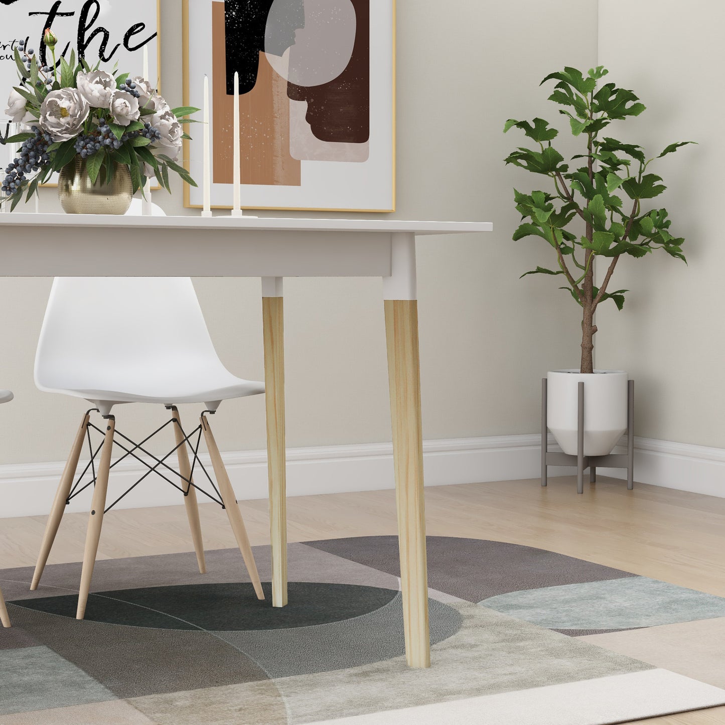 Modern 47 Inch Rectangular Dining Table - Stylish Kitchen Table with Solid Wood Legs - White Finish