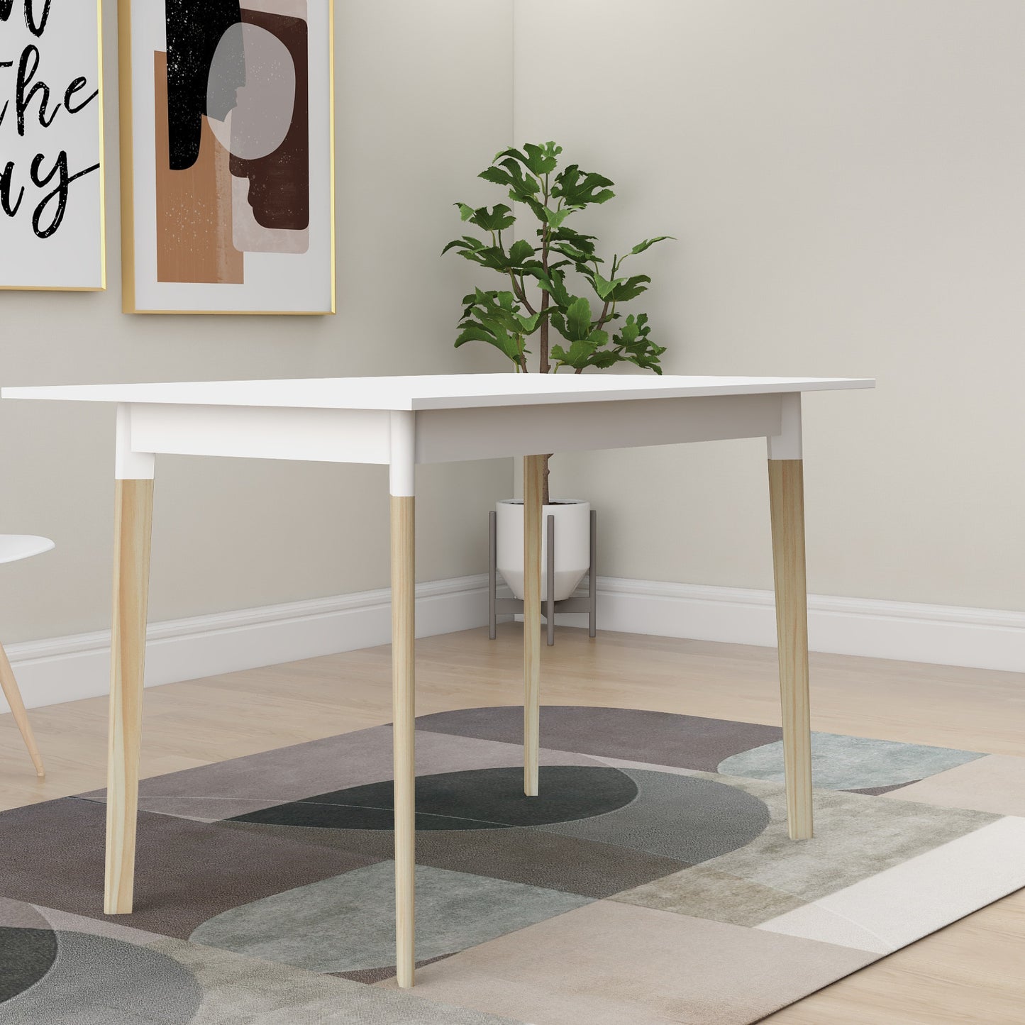 Modern 47 Inch Rectangular Dining Table - Stylish Kitchen Table with Solid Wood Legs - White Finish