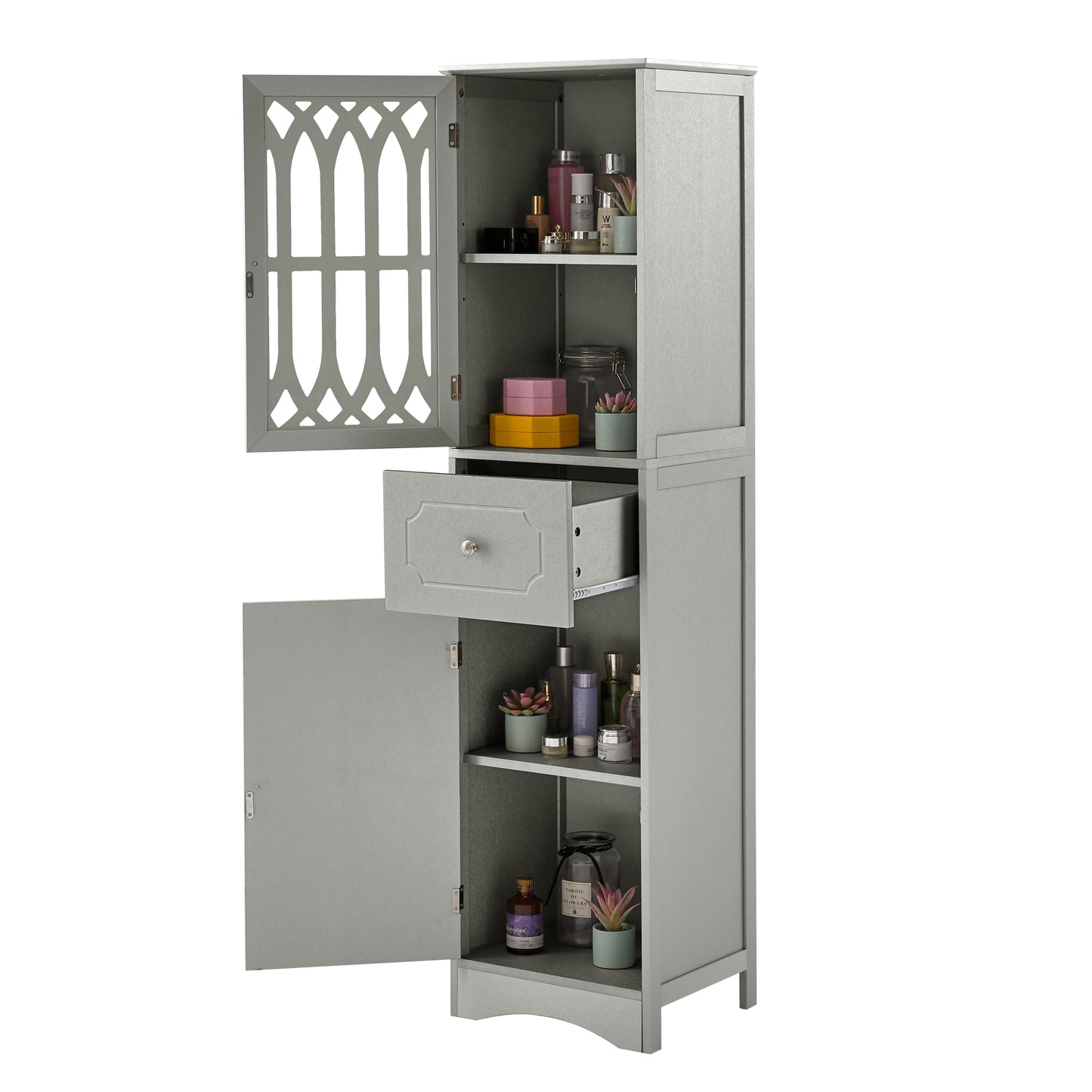 Freestanding Tall Bathroom Cabinet with Drawer & Doors, Adjustable Shelf, MDF & Acrylic, Grey Storage Solution