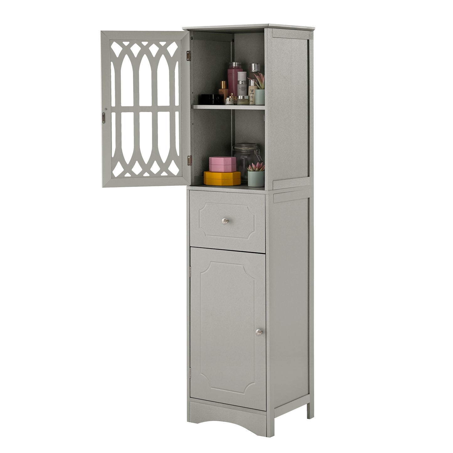 Freestanding Tall Bathroom Cabinet with Drawer & Doors, Adjustable Shelf, MDF & Acrylic, Grey Storage Solution
