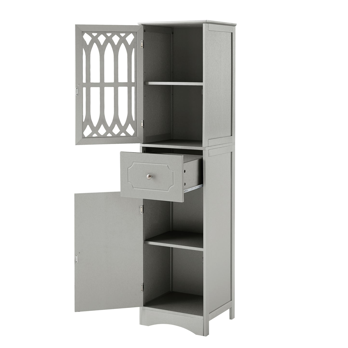 Freestanding Tall Bathroom Cabinet with Drawer & Doors, Adjustable Shelf, MDF & Acrylic, Grey Storage Solution