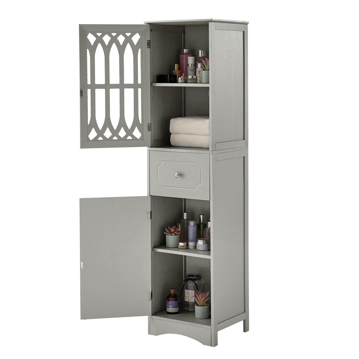 Freestanding Tall Bathroom Cabinet with Drawer & Doors, Adjustable Shelf, MDF & Acrylic, Grey Storage Solution