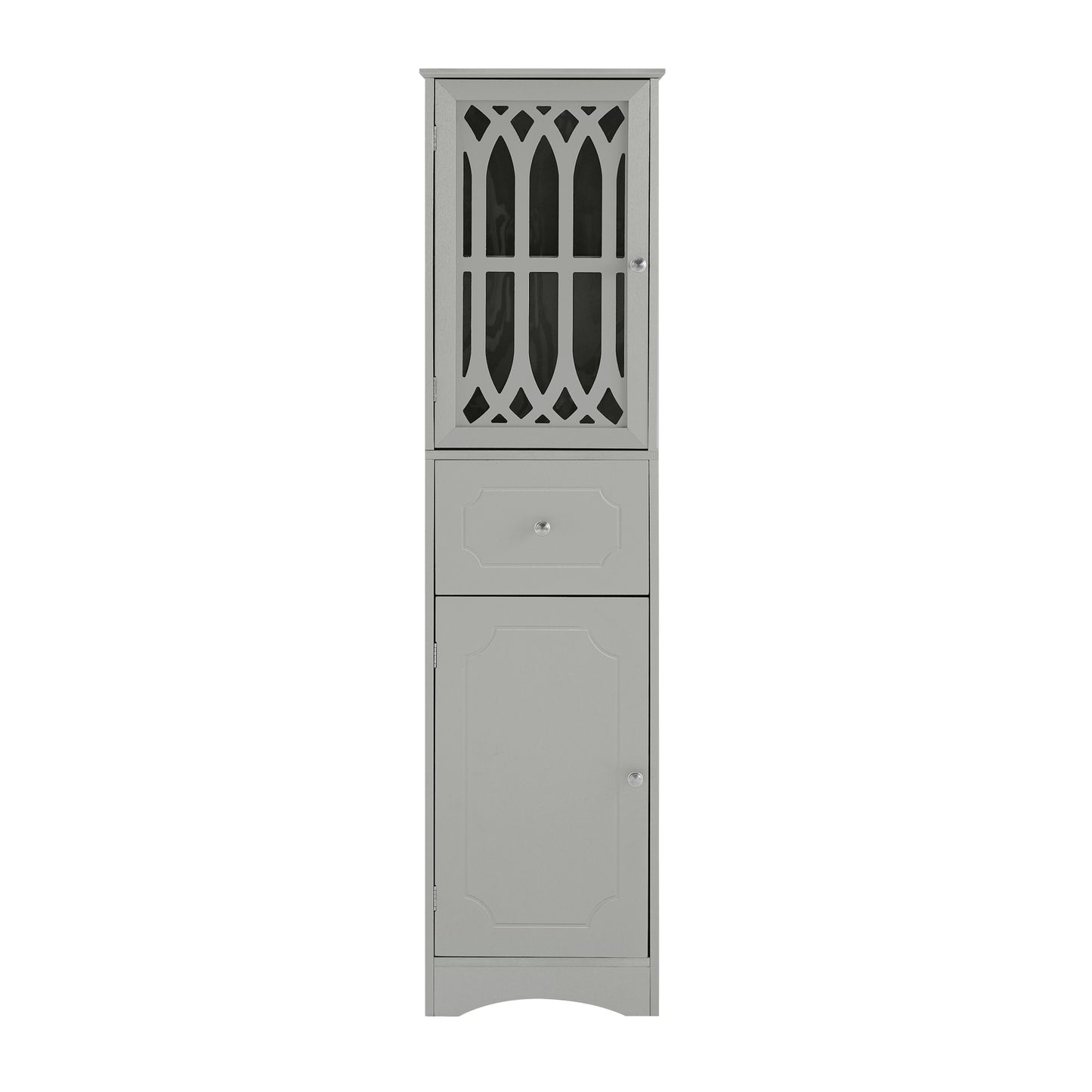 Freestanding Tall Bathroom Cabinet with Drawer & Doors, Adjustable Shelf, MDF & Acrylic, Grey Storage Solution