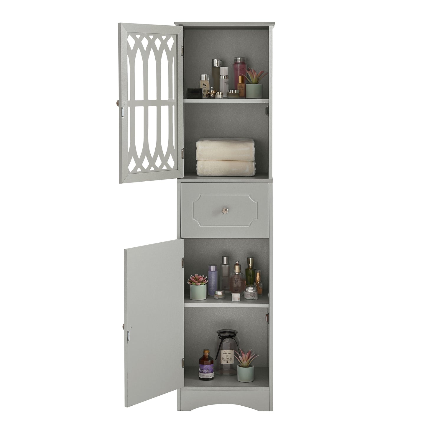 Freestanding Tall Bathroom Cabinet with Drawer & Doors, Adjustable Shelf, MDF & Acrylic, Grey Storage Solution