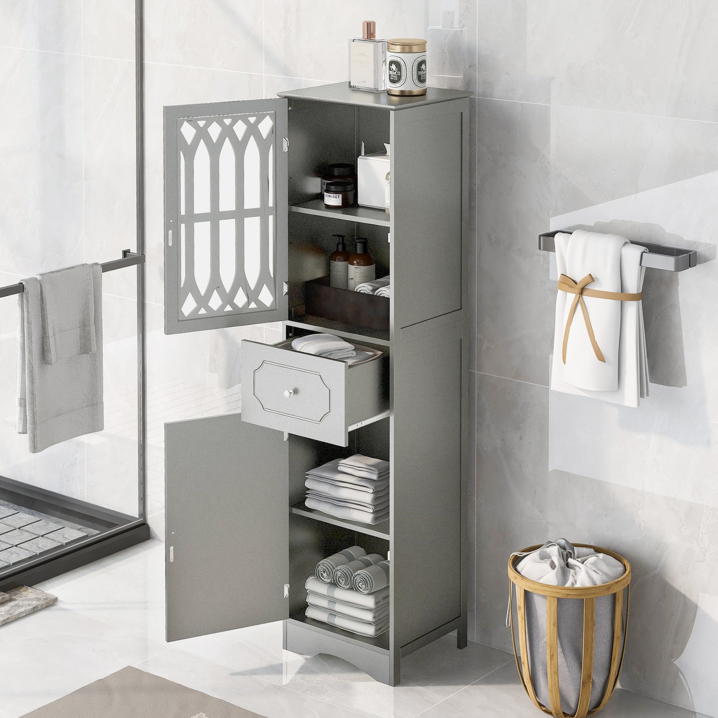 Freestanding Tall Bathroom Cabinet with Drawer & Doors, Adjustable Shelf, MDF & Acrylic, Grey Storage Solution