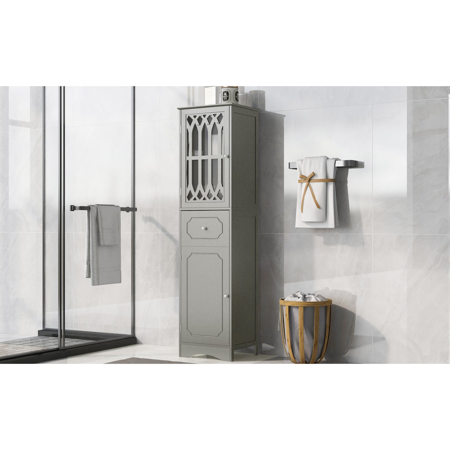 Freestanding Tall Bathroom Cabinet with Drawer & Doors, Adjustable Shelf, MDF & Acrylic, Grey Storage Solution