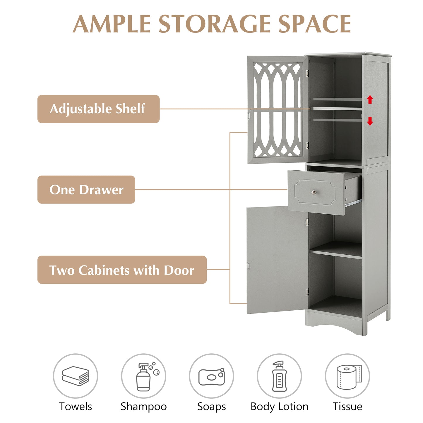 Freestanding Tall Bathroom Cabinet with Drawer & Doors, Adjustable Shelf, MDF & Acrylic, Grey Storage Solution