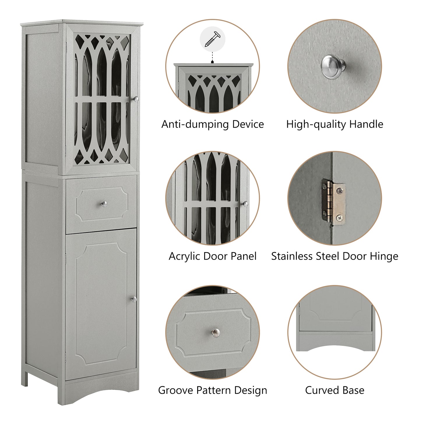 Freestanding Tall Bathroom Cabinet with Drawer & Doors, Adjustable Shelf, MDF & Acrylic, Grey Storage Solution