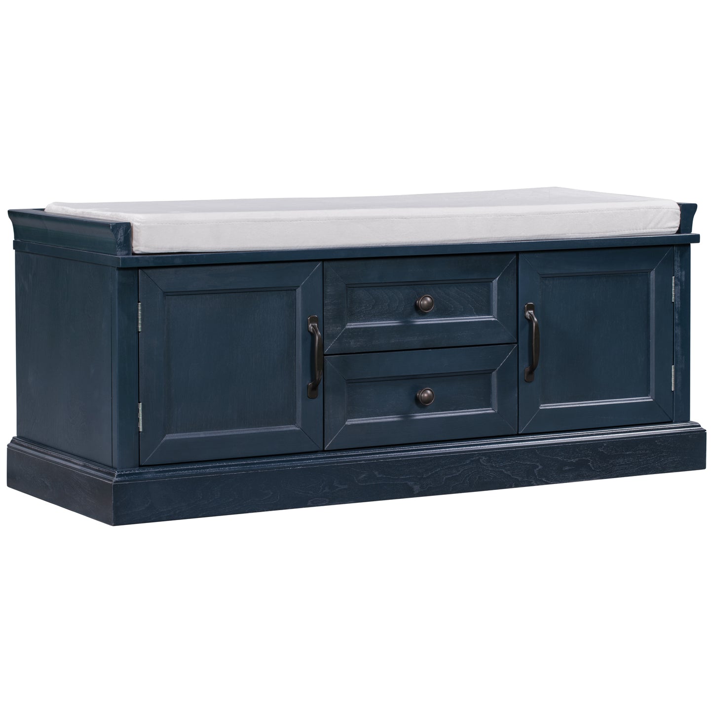 Storage Bench with 2 Drawers & 2 Cabinets, Shoe Bench with Removable Cushion for Living Room & Entryway, Antique Navy Finish