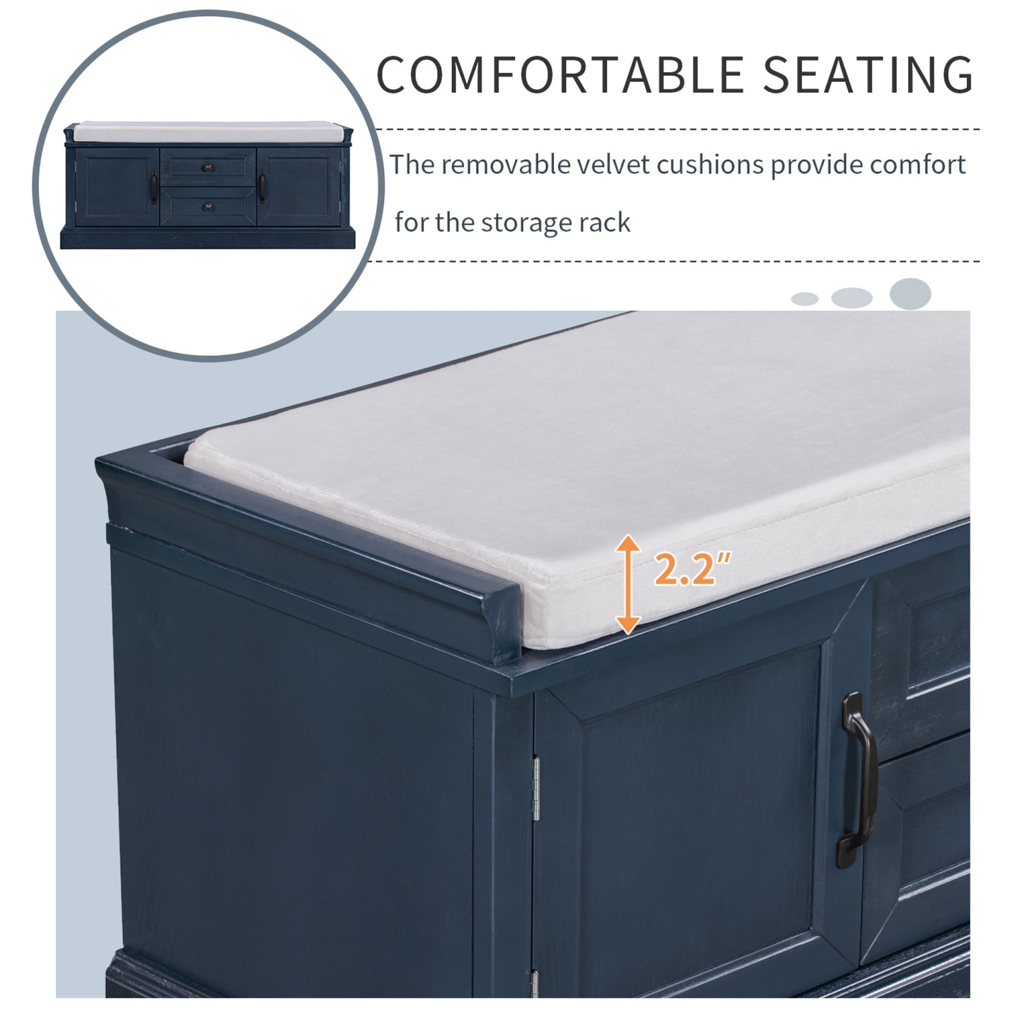 Storage Bench with 2 Drawers & 2 Cabinets, Shoe Bench with Removable Cushion for Living Room & Entryway, Antique Navy Finish