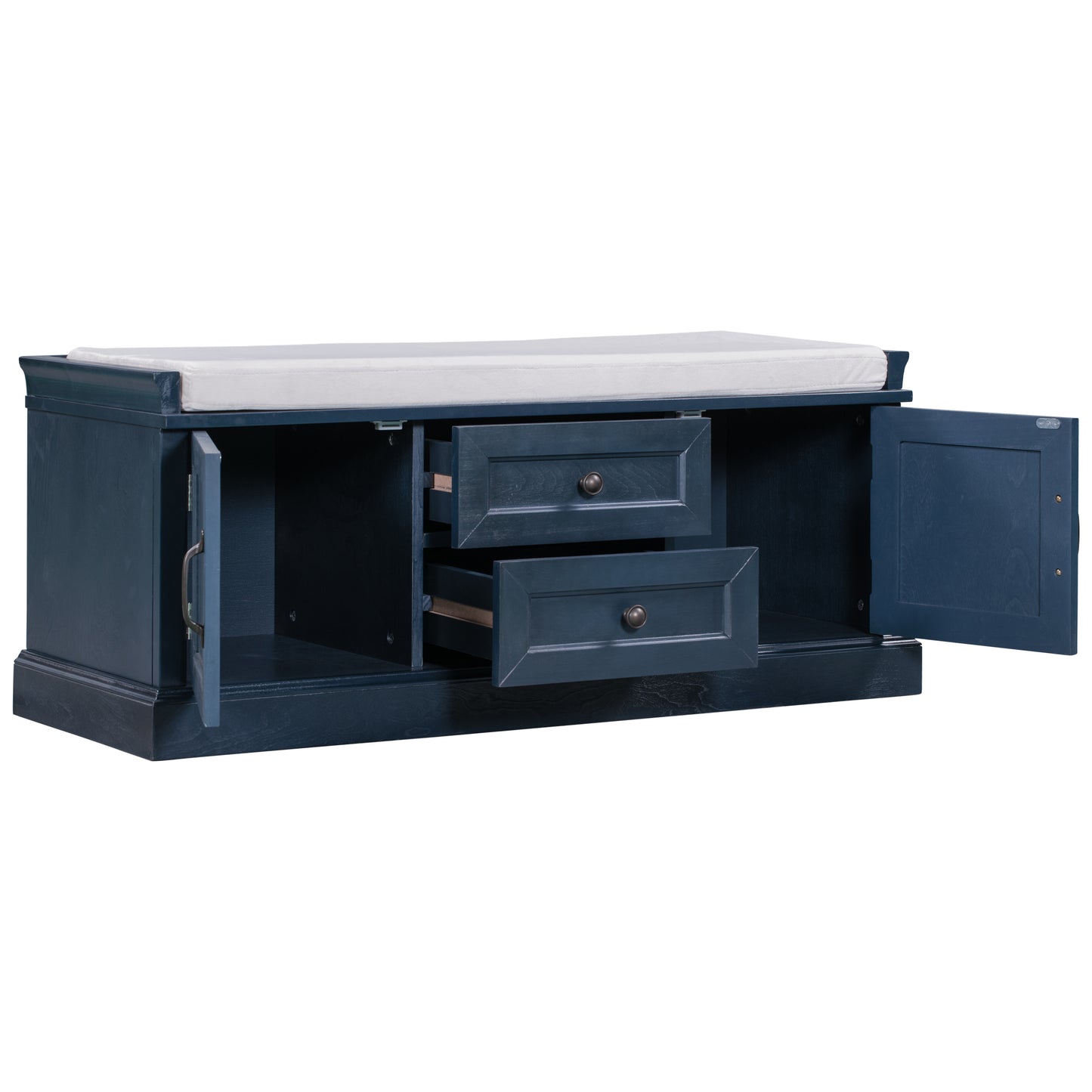 Storage Bench with 2 Drawers & 2 Cabinets, Shoe Bench with Removable Cushion for Living Room & Entryway, Antique Navy Finish