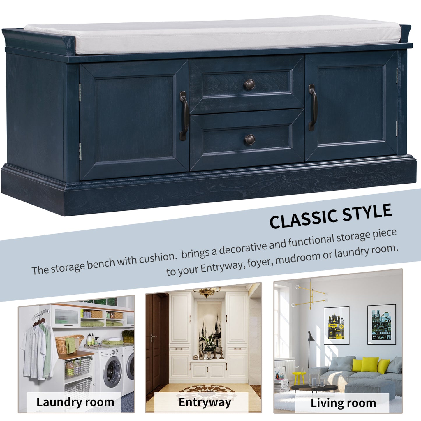 Storage Bench with 2 Drawers & 2 Cabinets, Shoe Bench with Removable Cushion for Living Room & Entryway, Antique Navy Finish