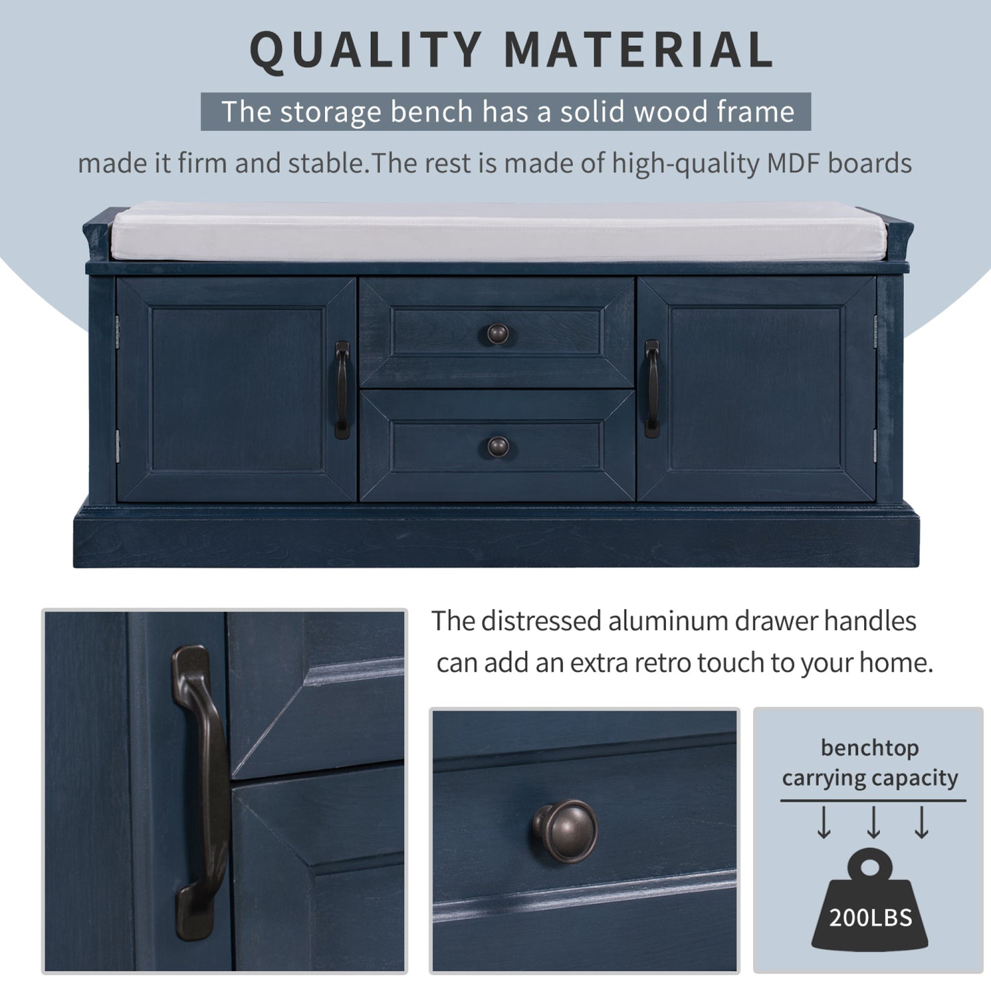 Storage Bench with 2 Drawers & 2 Cabinets, Shoe Bench with Removable Cushion for Living Room & Entryway, Antique Navy Finish