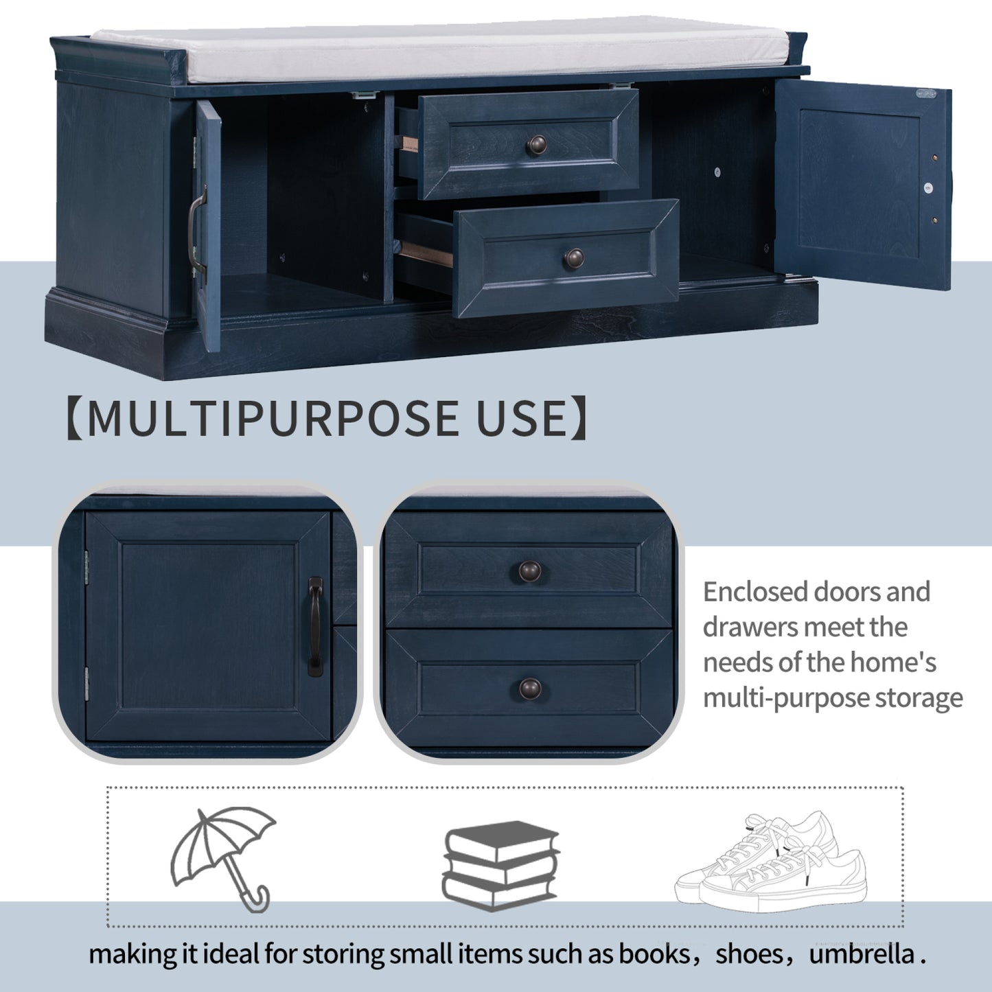 Storage Bench with 2 Drawers & 2 Cabinets, Shoe Bench with Removable Cushion for Living Room & Entryway, Antique Navy Finish