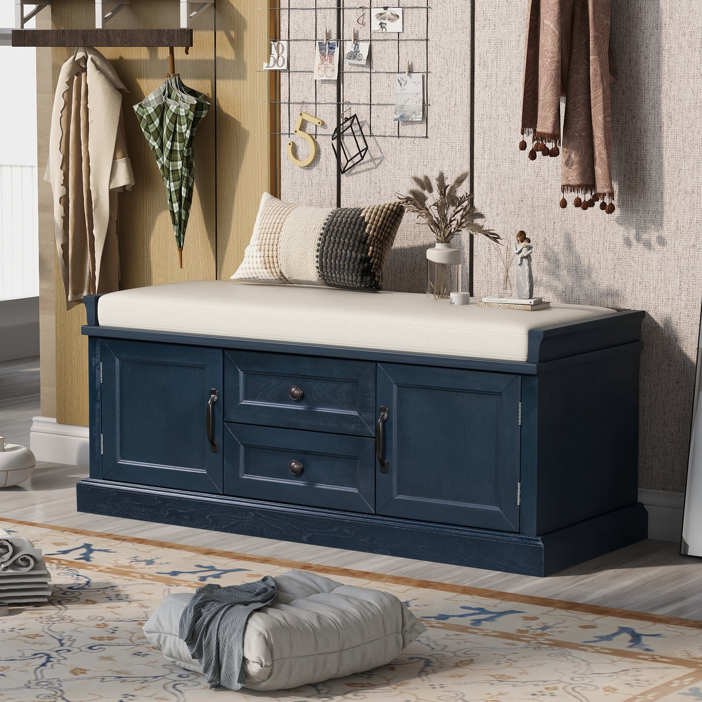 Storage Bench with 2 Drawers & 2 Cabinets, Shoe Bench with Removable Cushion for Living Room & Entryway, Antique Navy Finish