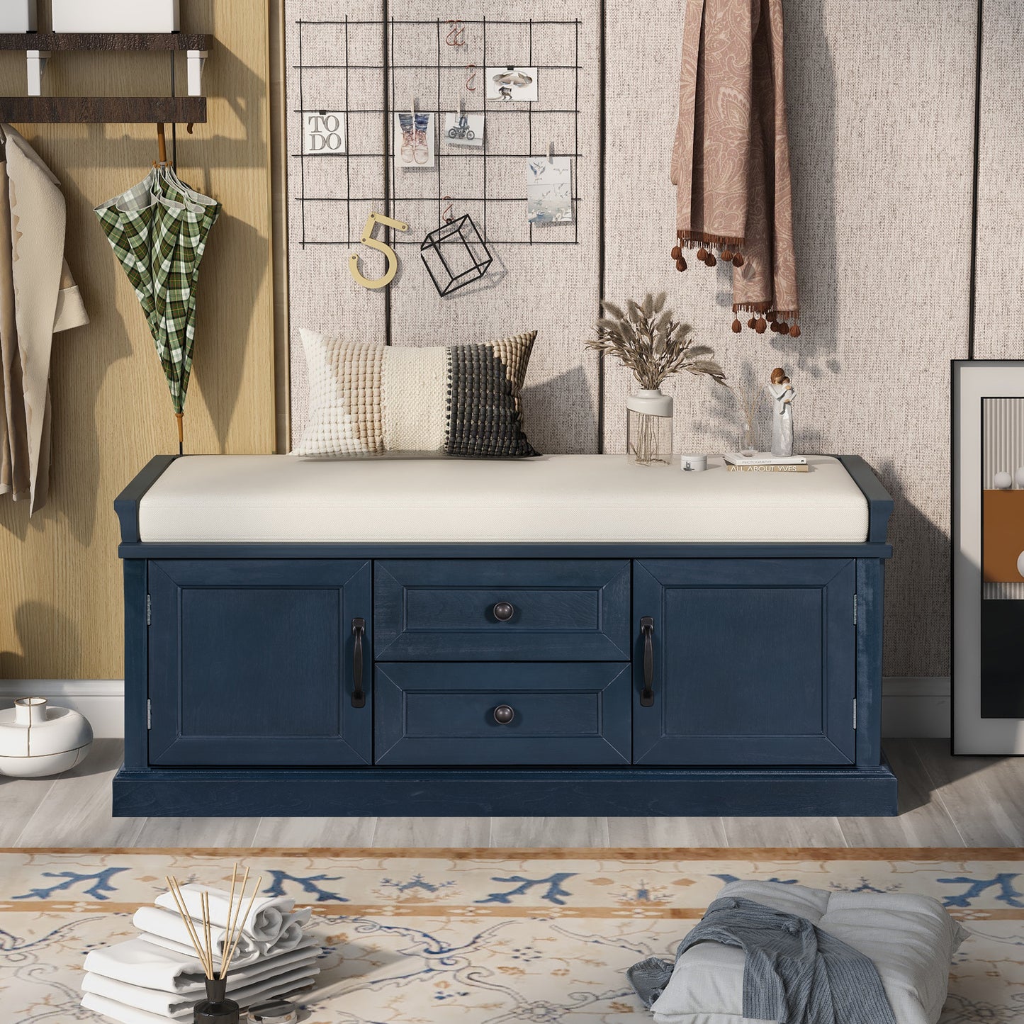 Storage Bench with 2 Drawers & 2 Cabinets, Shoe Bench with Removable Cushion for Living Room & Entryway, Antique Navy Finish