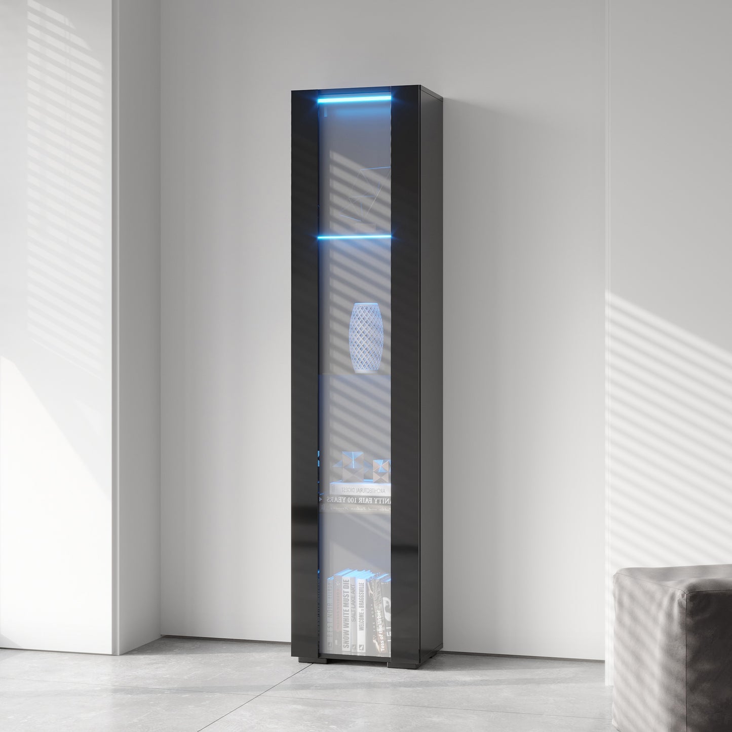 Black Side Cabinet with Aluminum Strip Lamp - Stylish Storage Solution with Large Space for Organizing Home Essentials