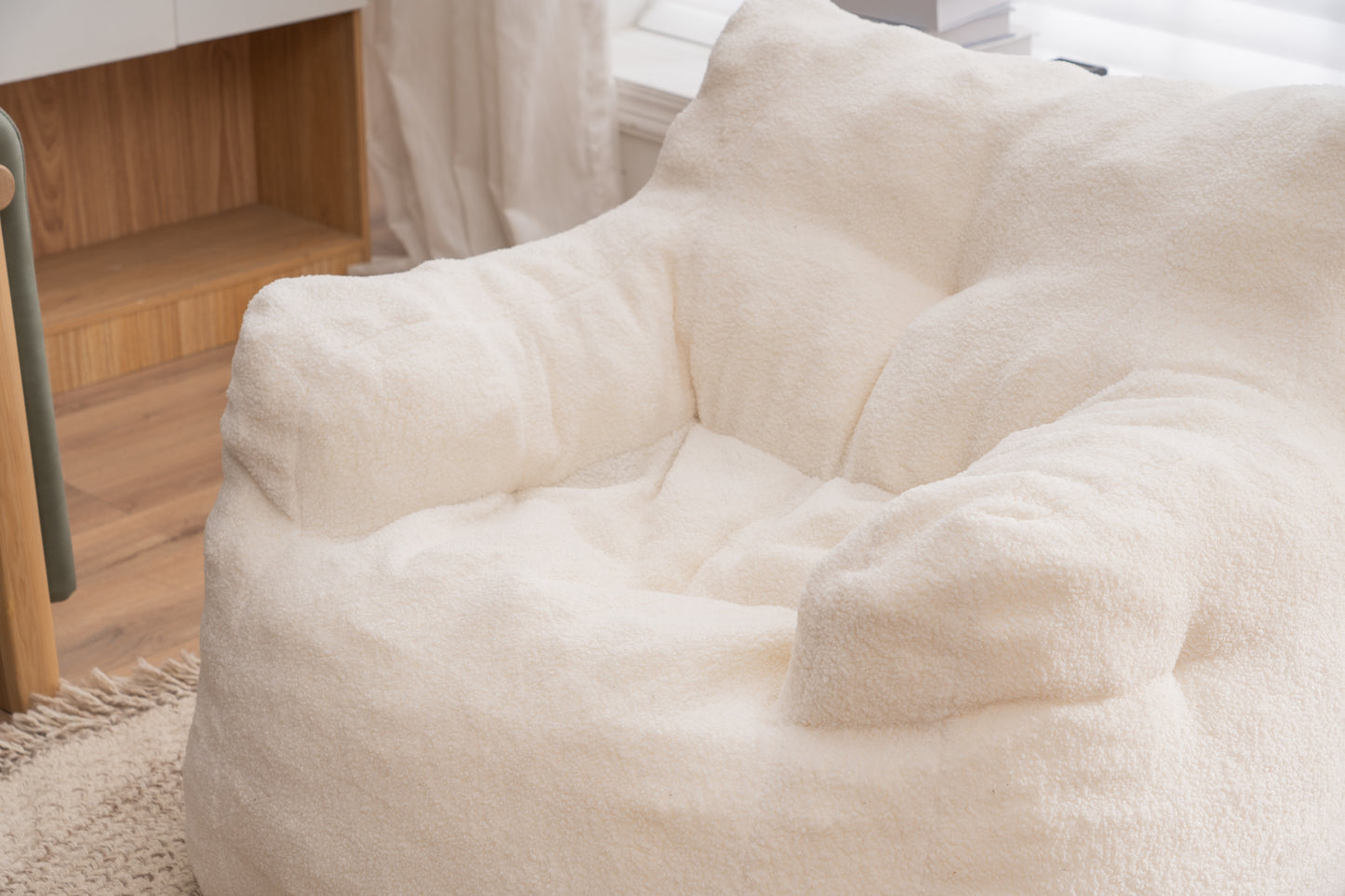 Soft Teddy Fabric Tufted Foam Bean Bag Chair With Teddy Fabric Ivory White