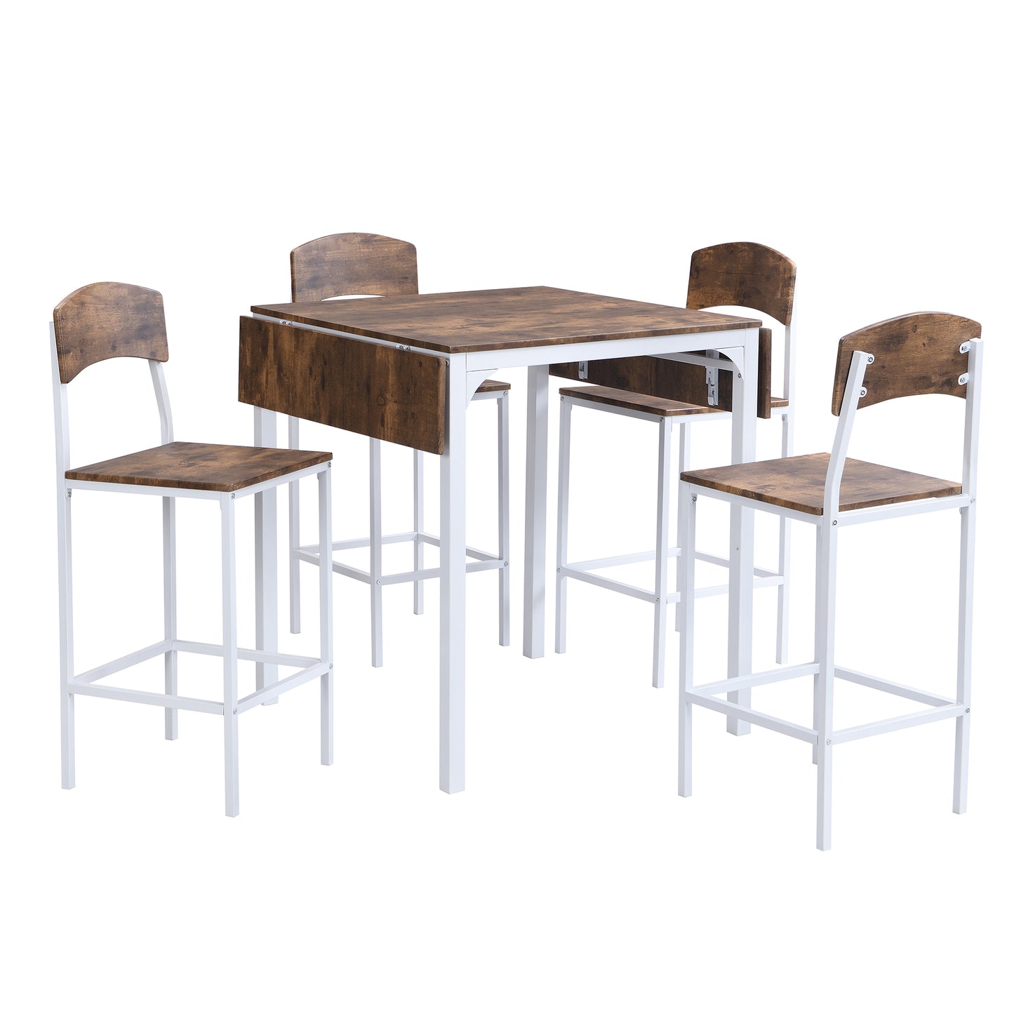 Farmhouse 5-Piece Counter Height Drop Leaf Dining Table Set with Chairs for 4 – White Frame & Rustic Brown Top